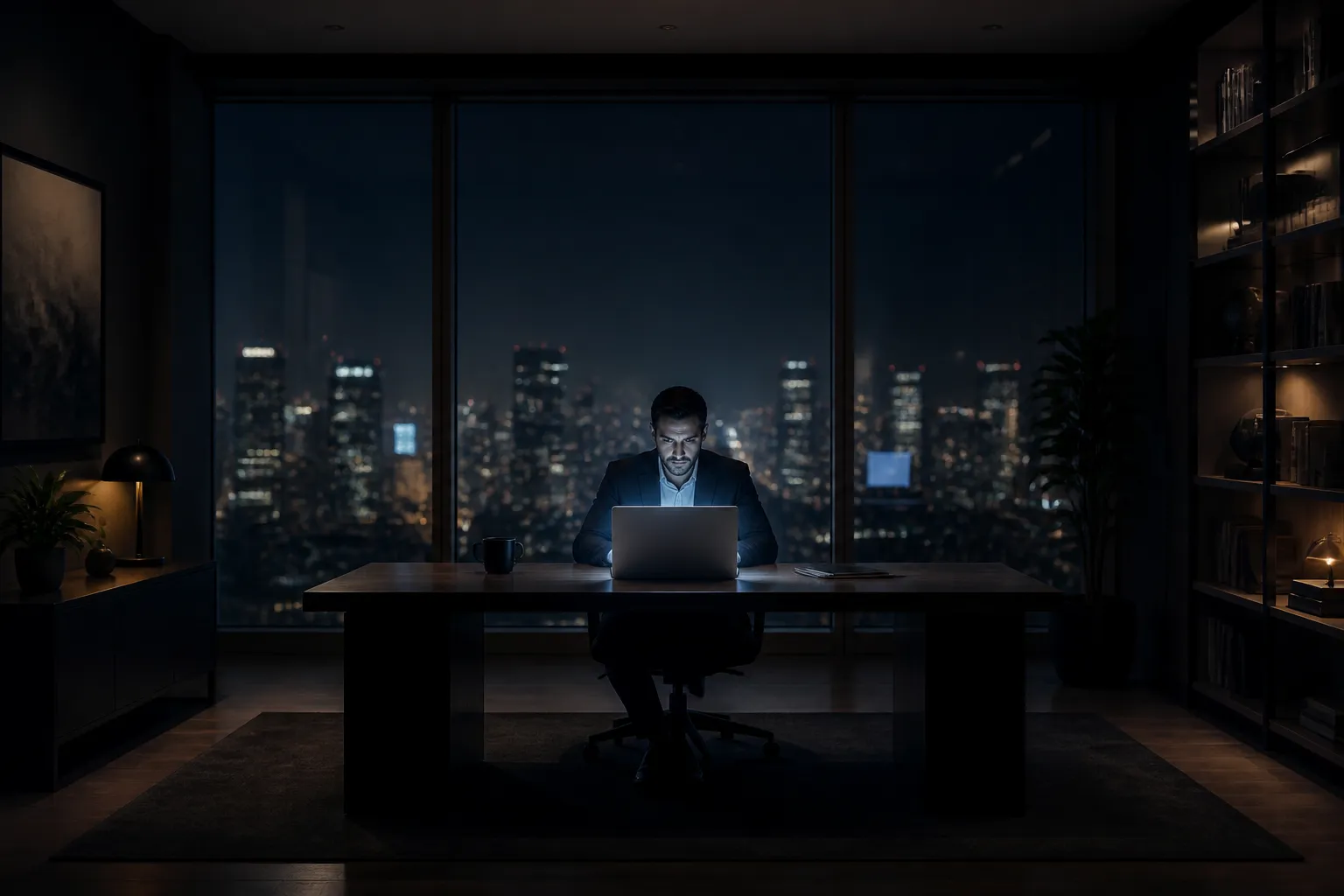 Strategic late-night session reviewing AI citation data on a laptop in a quiet office